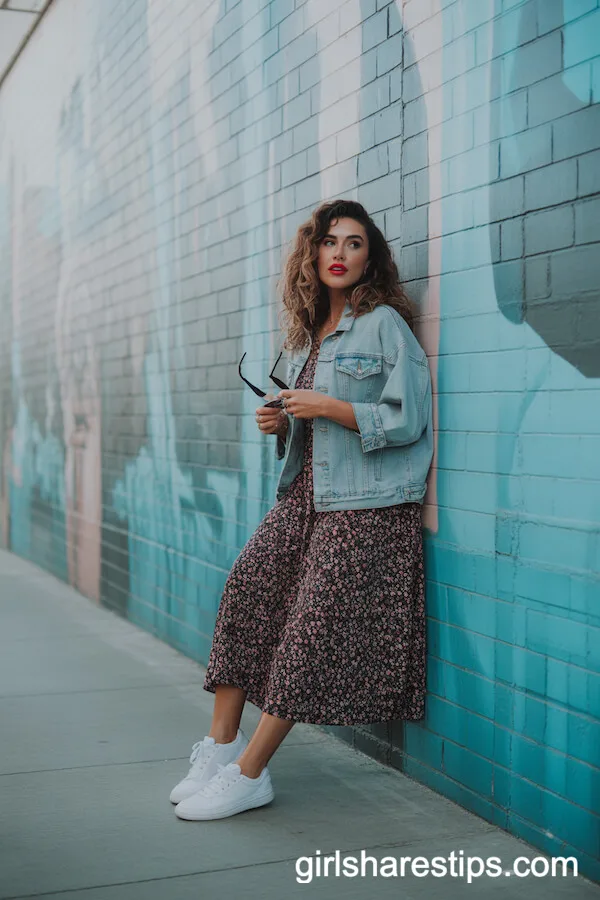 Chic Floral Midi Dress with Light Blue Denim Jacket and White Sneakers