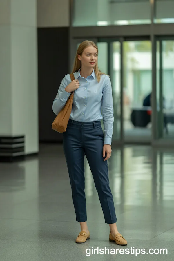 Pastel Blue Button-Down Shirt with Slim-Fit Navy Trousers and Tan Loafers