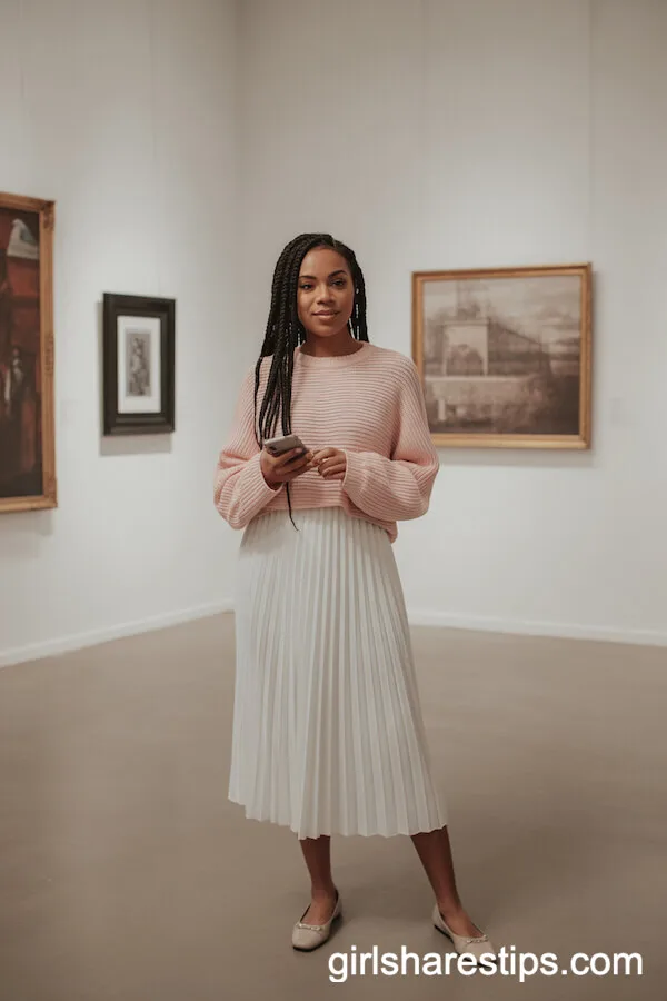 Soft Pink Lightweight Sweater with White Pleated Midi Skirt and Ballet Flats