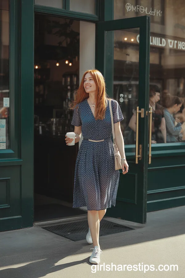 Navy Blue Polka Dot Dress with White Sneakers and Crossbody Bag