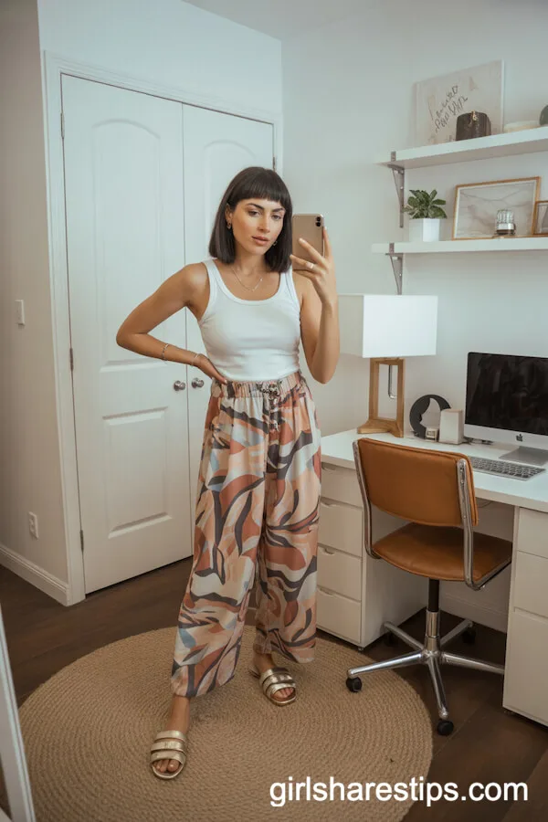 White Basic Tank Top with Colorful Printed Palazzo Pants and Flat Sandals