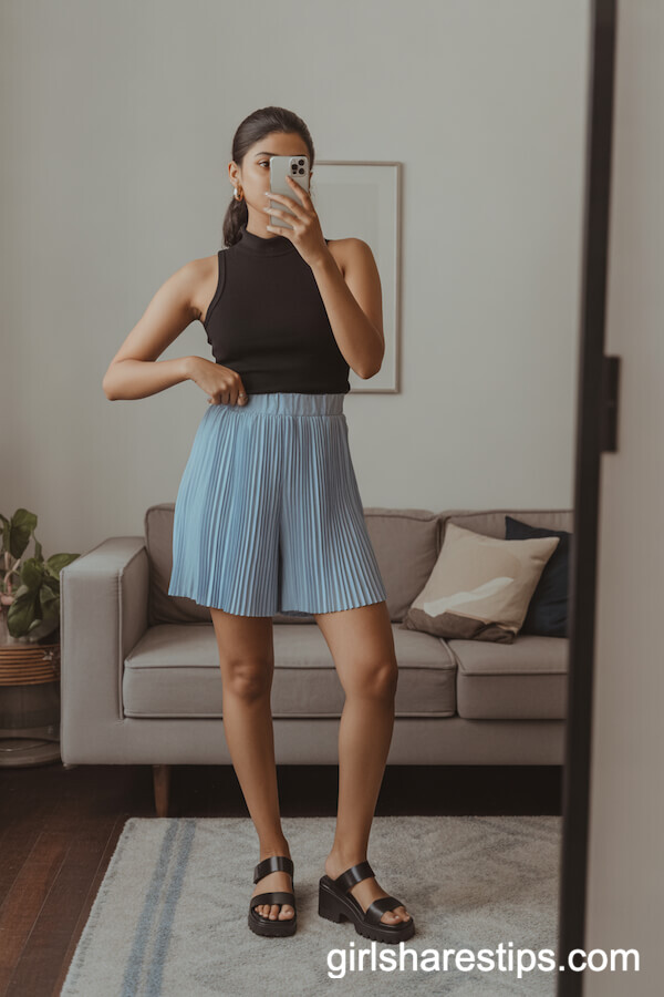 Black Mock Neck Sleeveless Tank with Pleated Light Blue Shorts and Platform Sandals