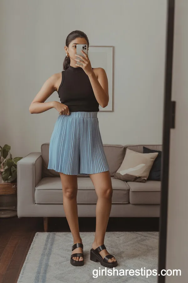 Black Mock Neck Sleeveless Tank with Pleated Light Blue Shorts and Platform Sandals