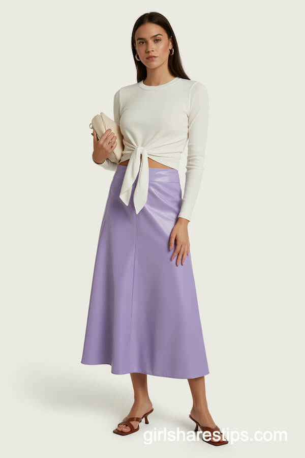 White Sweater With Lavender Midi Skirt