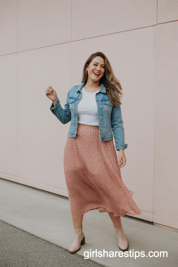 Denim Jacket And Coral Pink Polka Dot Skirt