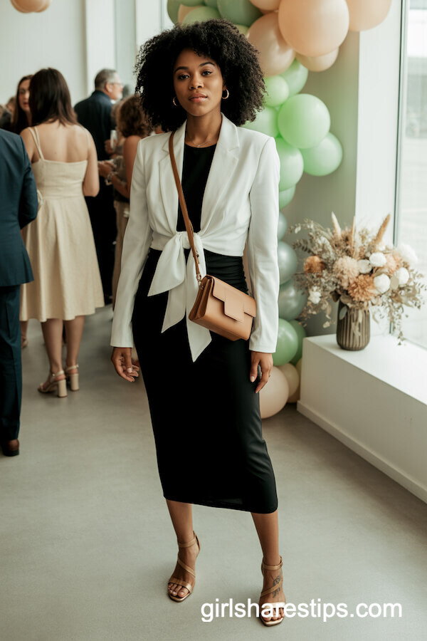 Black Midi Dress With Tied White Blazer