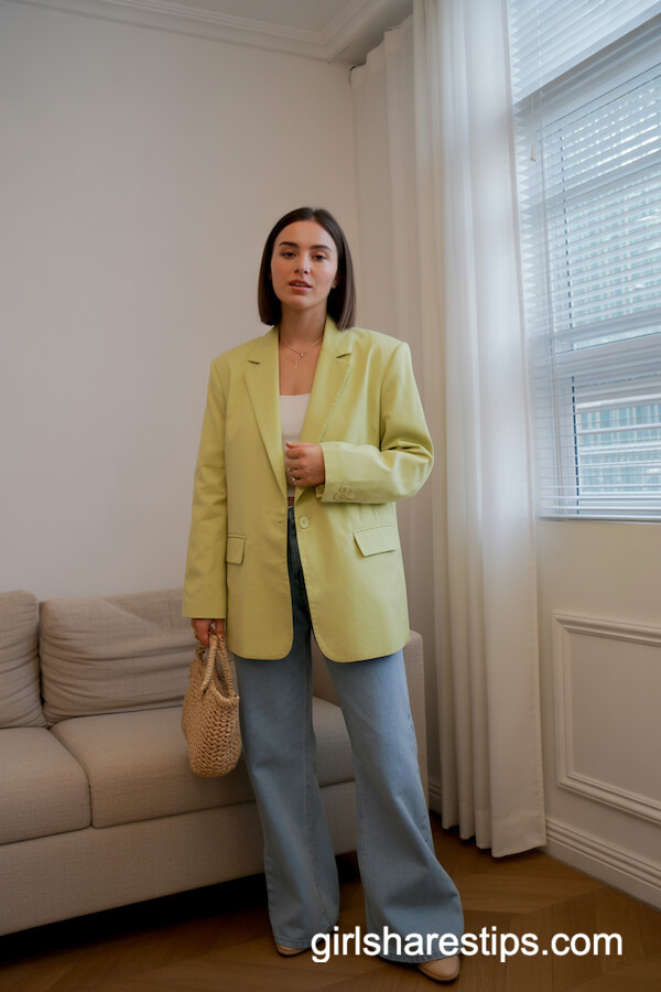 Light Yellow Blazer And Wide Leg Jeans