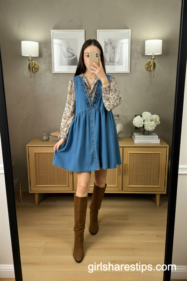 Denim Babydoll Dress With Floral Blouse