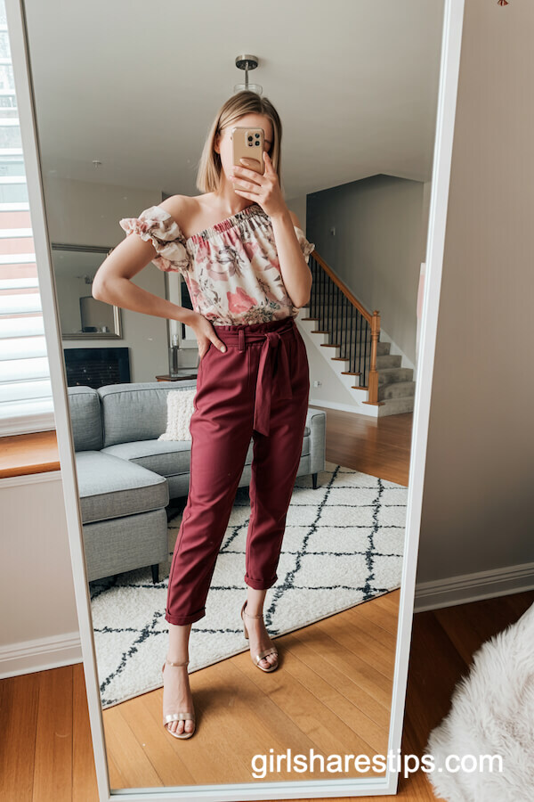 Floral One Shoulder Top And Burgundy Pants