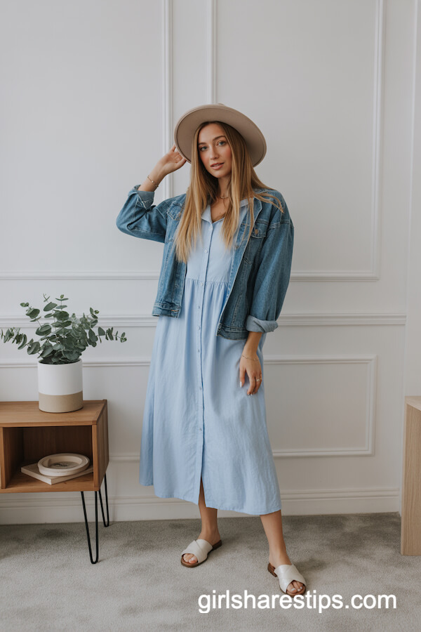 Light Blue Linen Dress With Denim Jacket