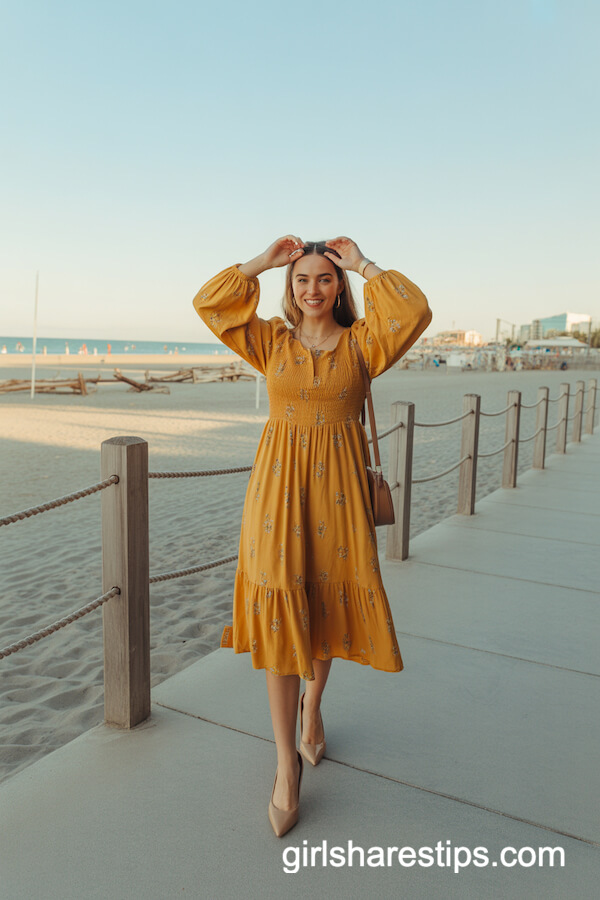 Mustard Yellow Embroidered Midi Dress