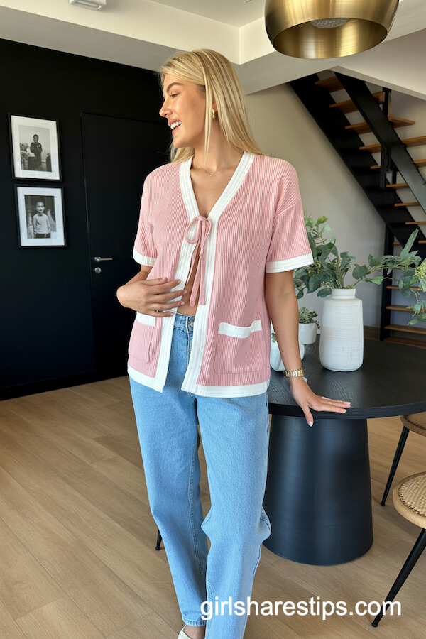 Pink Ribbed Cardigan With Light Blue Jeans
