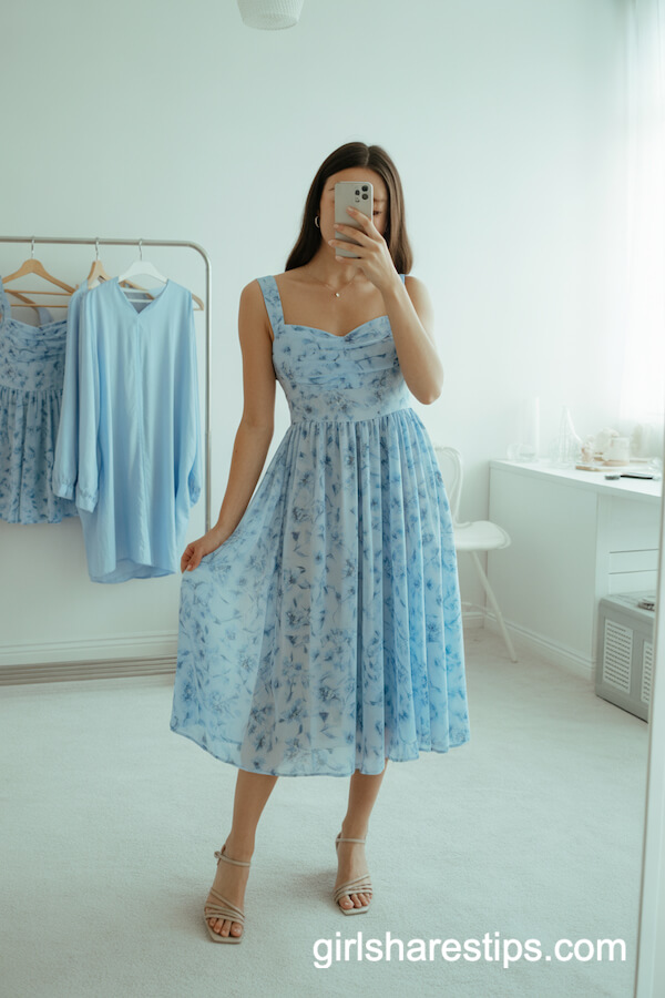 Light Blue Floral Chiffon Midi Dress