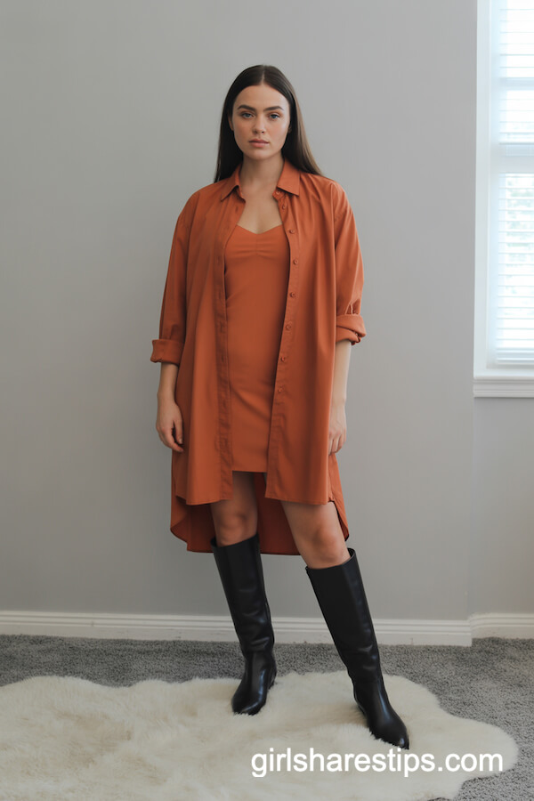 Terracotta Orange Shirt Dress And Knee Boots