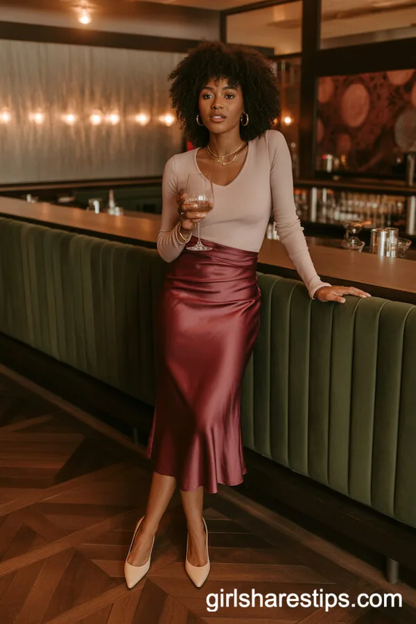 Burgundy Midi Skirt and Fitted Knit Top for a Chic Bar Night