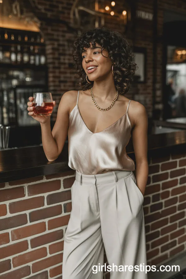 Champagne Silk Camisole Cream Wide-Leg Trousers