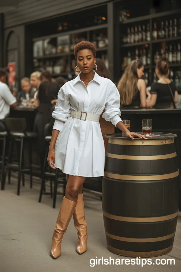 White Cotton Shirt Dress with Tan Knee-High Boots
