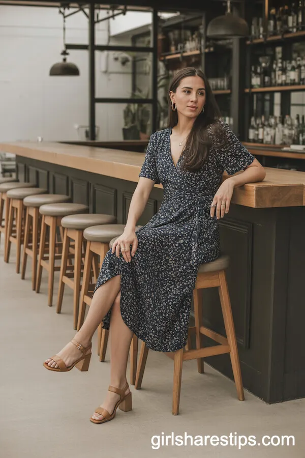 Navy Floral Wrap Dress with Tan Block-Heel Sandals