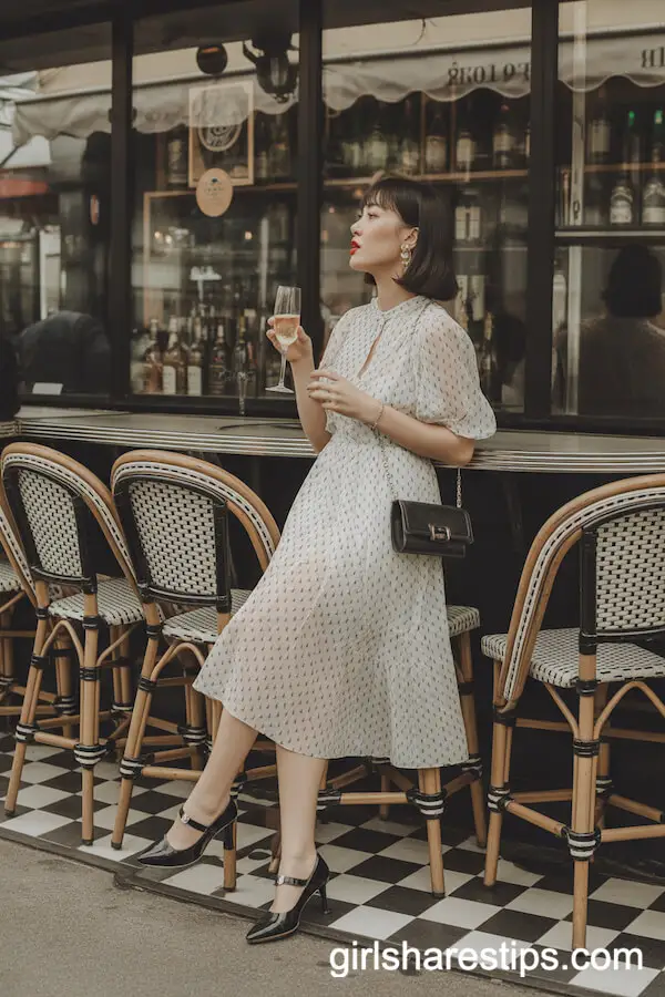 Black and White Polka Dot Midi Dress with Red Lip