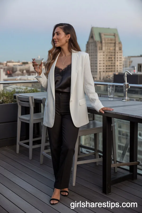 Tailored White Blazer and Black Lace Camisole Rooftop Ensemble