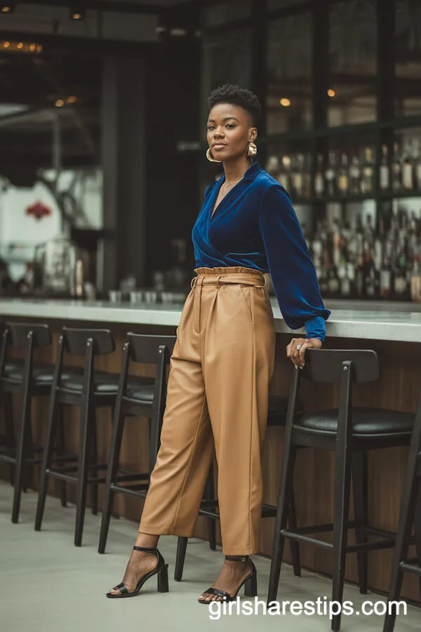 Midnight Blue Velvet Wrap Top Camel Paperbag Trousers