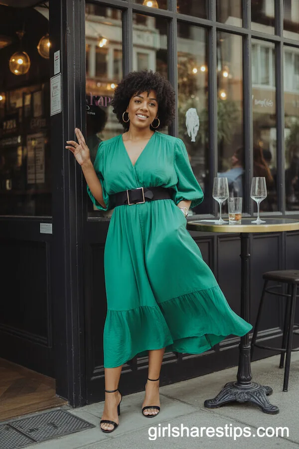 Flowy Emerald Midi Dress with Bold Belt for Wine Bar Chic