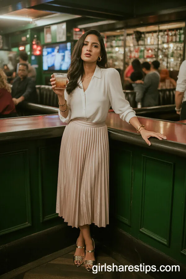Blush Pleated Midi Skirt and White Blouse for a Soft Bar Look