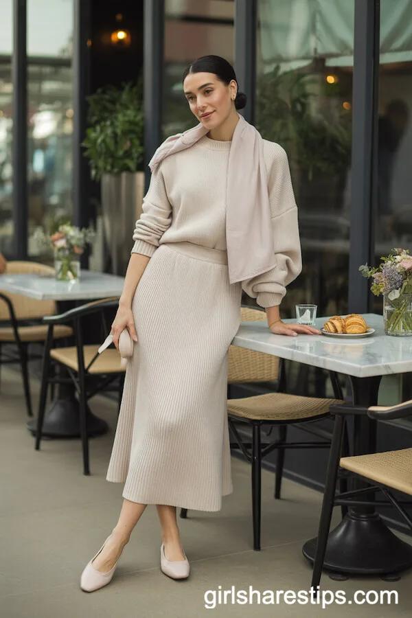 Beige Knit Sweater and Skirt Set with Ballet Flats