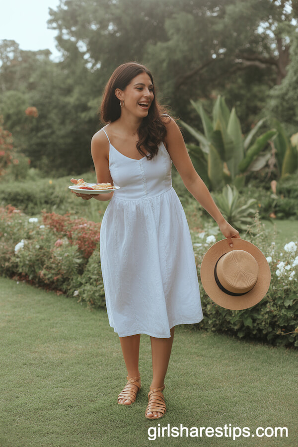 White Cotton Sundress with Tan Strappy Sandals