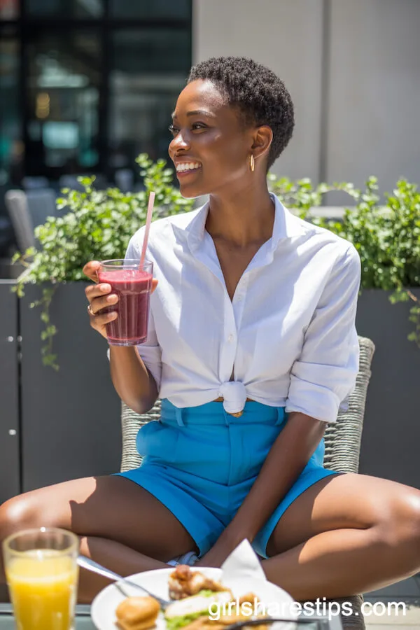 Blue Tailored Shorts and White Button-Up with Rolled Sleeves