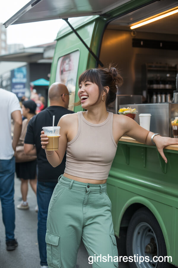 Sage Cargo Pants and Beige Crop Top for Urban Coffee Runs