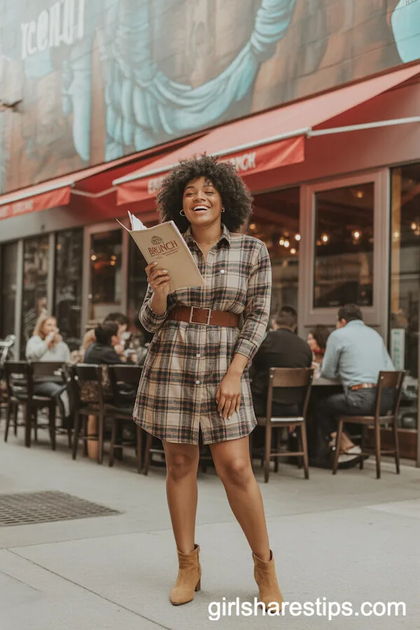 Plaid Shirt Dress with Suede Ankle Boots