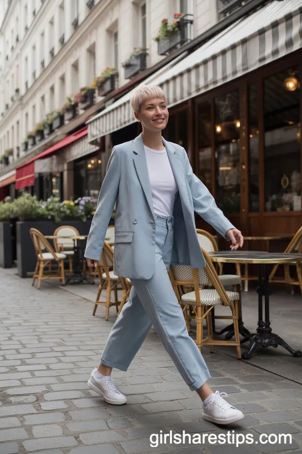 Pastel Blue Relaxed Suit with White Tee and Sneakers