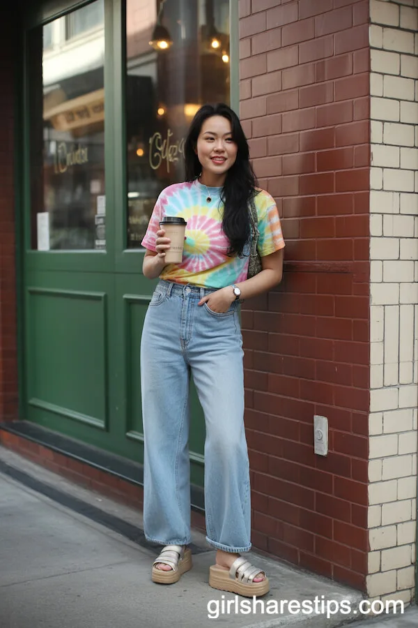 Tie-Dye T-Shirt and Retro Wide-Leg Jeans with Platform Sandals