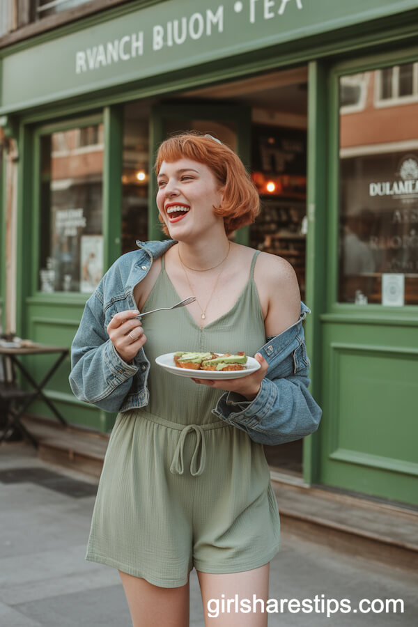 Sage Green Romper with Denim Jacket and Sneakers