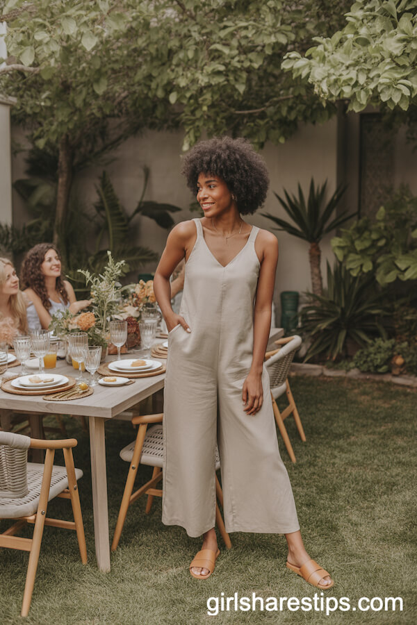Beige Linen Jumpsuit with Slide Sandals