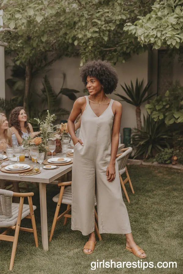 Beige Linen Jumpsuit with Slide Sandals