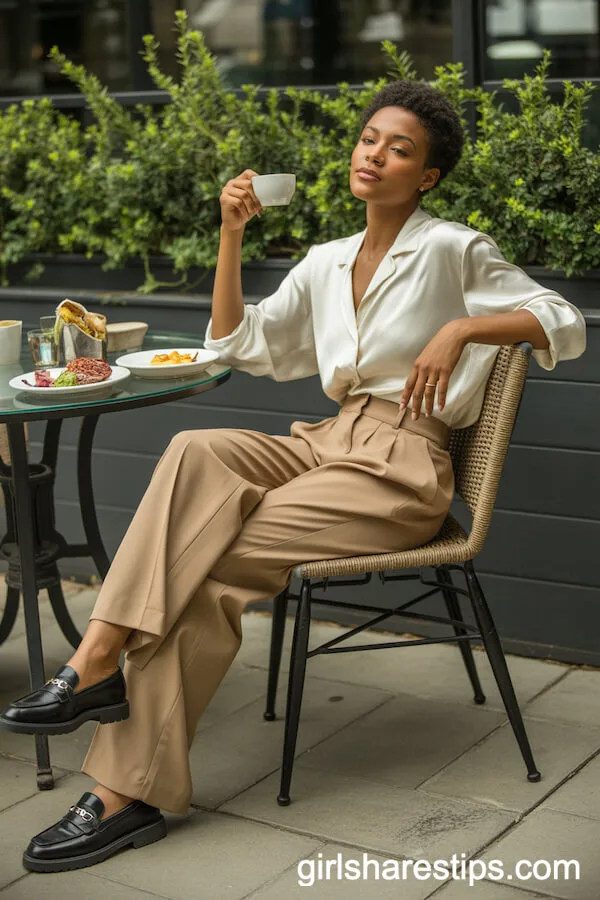 Ivory Silk Blouse and Tan Relaxed Trousers with Loafers