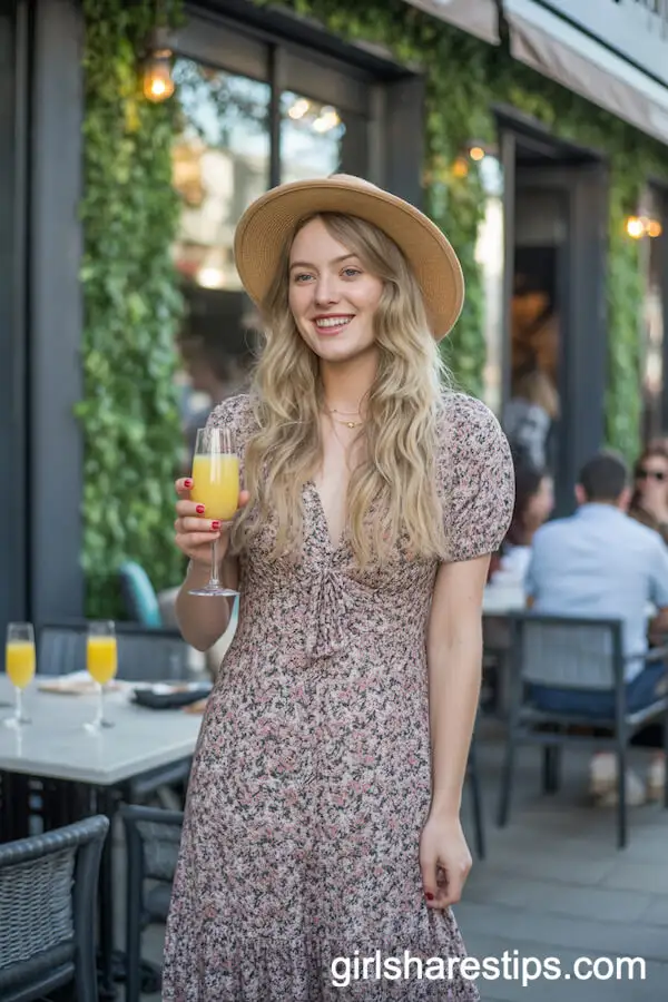 Floral Midi Dress and Straw Hat for a Patio Brunch