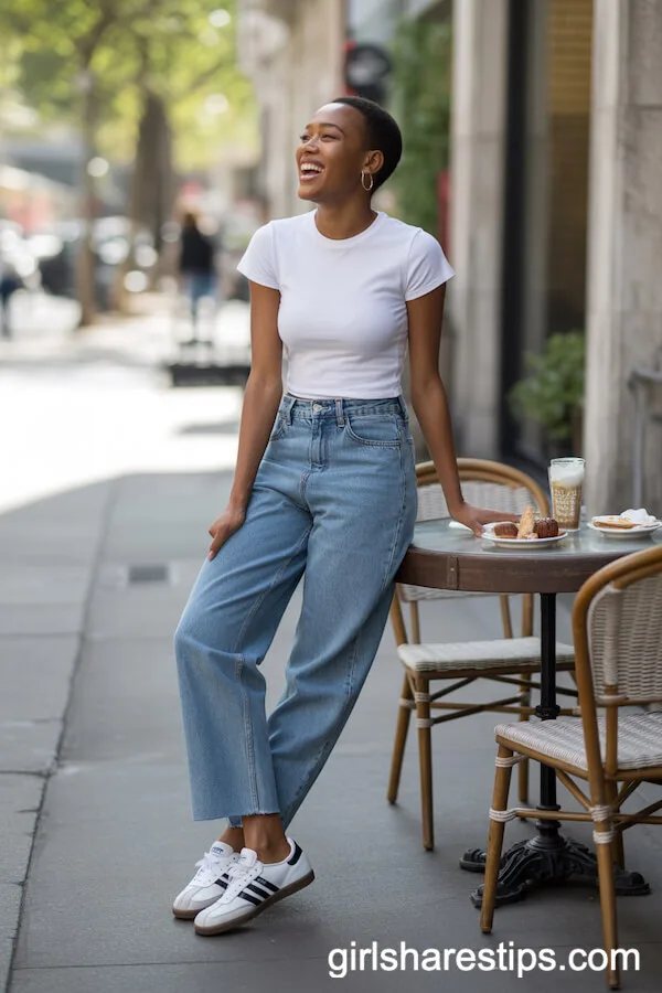 Classic Blue Jeans and White Tee with Adidas Samba Sneakers
