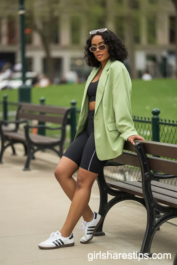 Light Green Blazer and Bike Shorts with White Sneakers