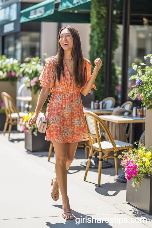 Floral Mini Dress with Strappy Sandals and Crossbody Bag