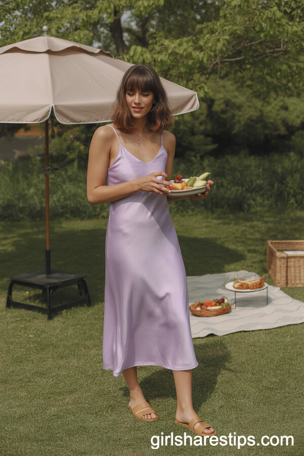 Lilac Slip Dress with Minimal Sandals for a Picnic Brunch