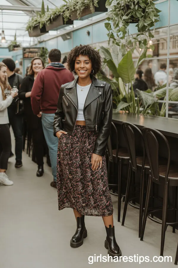 Black Leather Jacket Midi Floral Skirt with Chelsea Boots