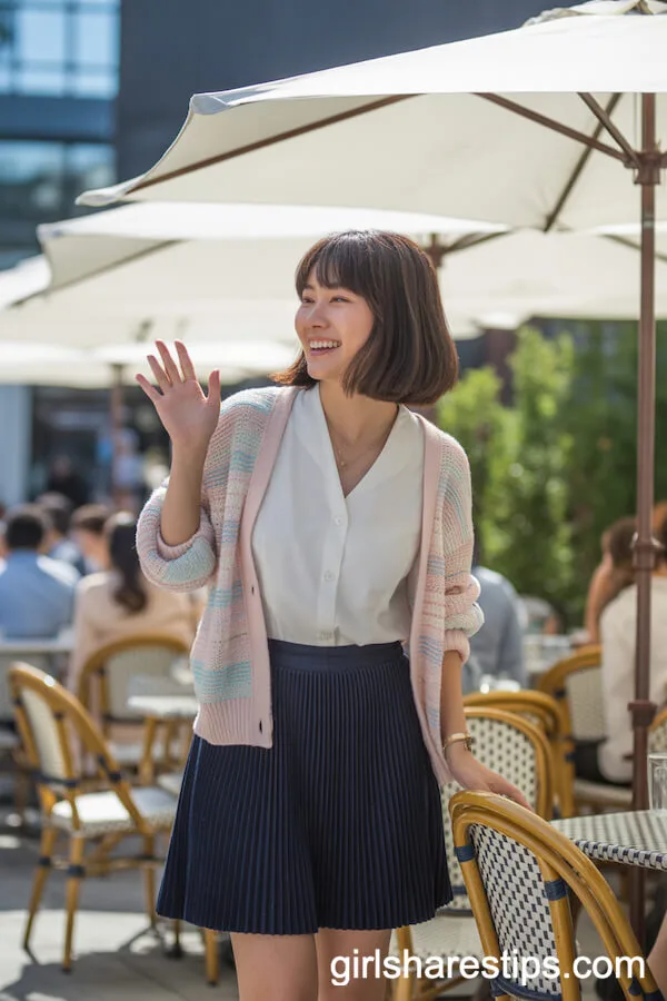 Navy Pleated Mini Skirt and Pastel Cardigan Ensemble