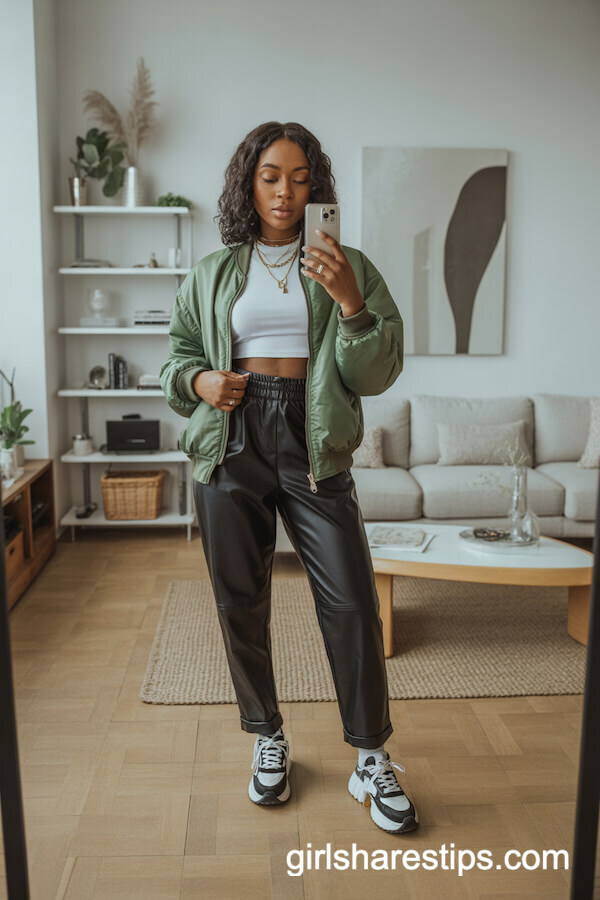 Green Bomber & Leather Pants