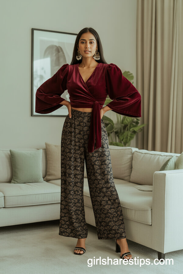Velvet Wrap Top & Wide-Leg Pants