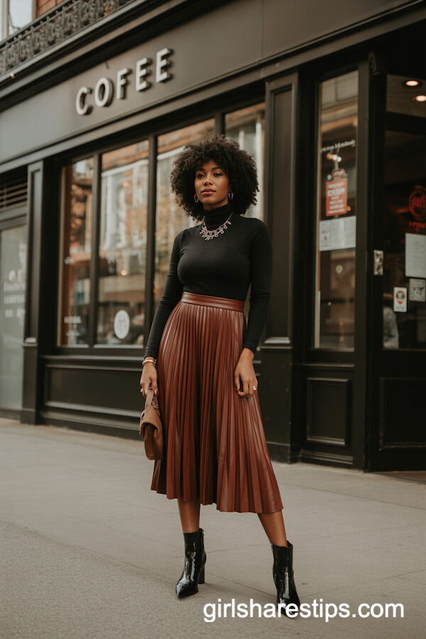 Black Turtleneck & Rust Midi Skirt