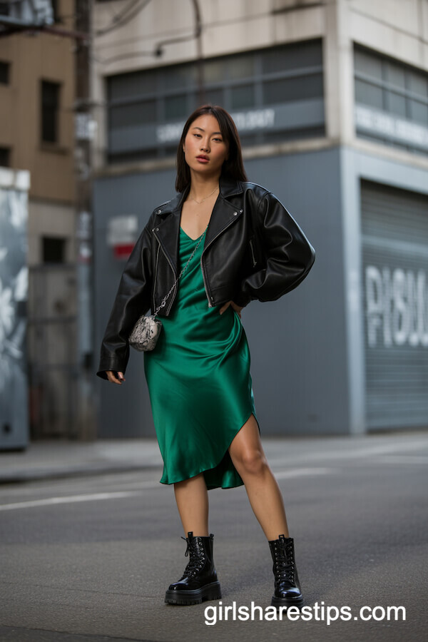 Cropped Leather Jacket & Satin Slip Dress
