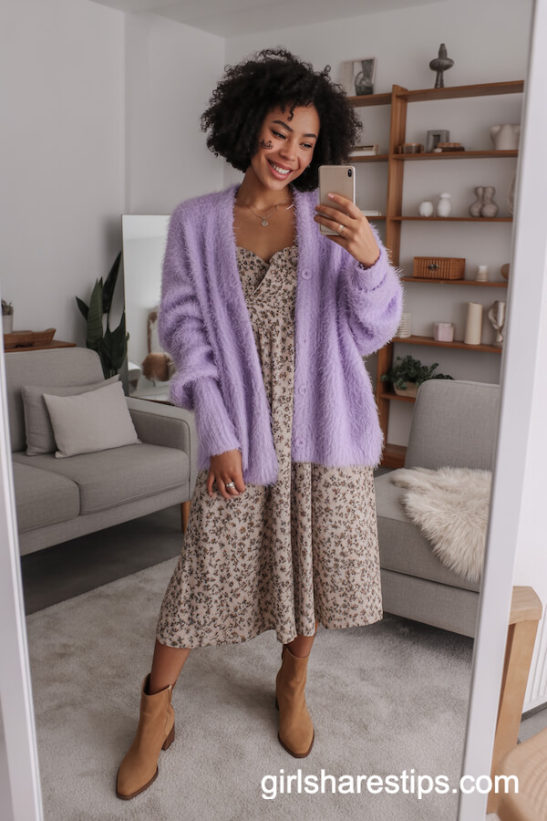 Fuzzy Cardigan Floral Midi Dress